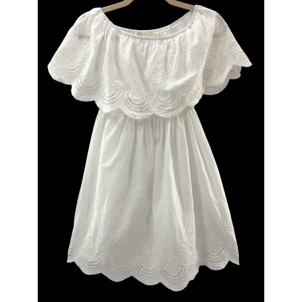 My Beloved Eyelet Mini Dress‎ Womens Medium White Off Shoulder Ruffle Scalloped